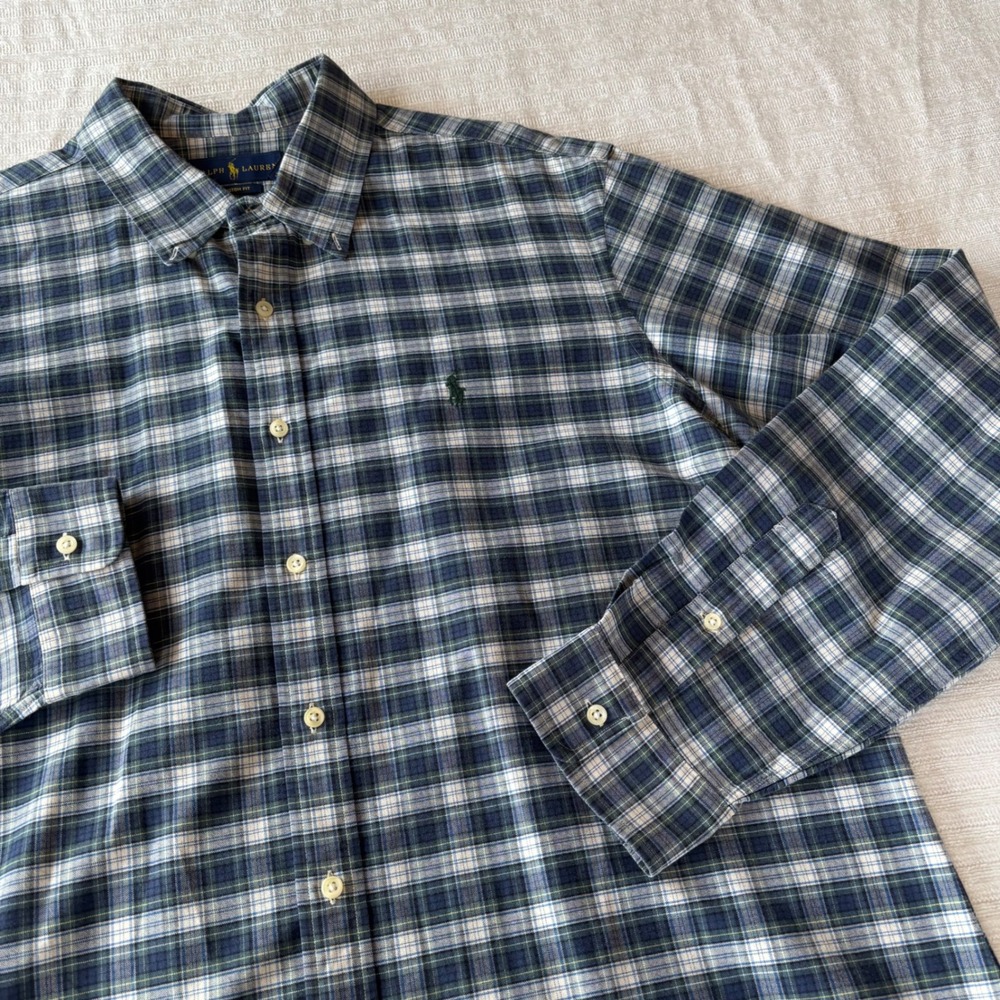 Ralph Lauren Mens XXL Custom Fit Plaid Button Down Shirt Navy Green Cotton